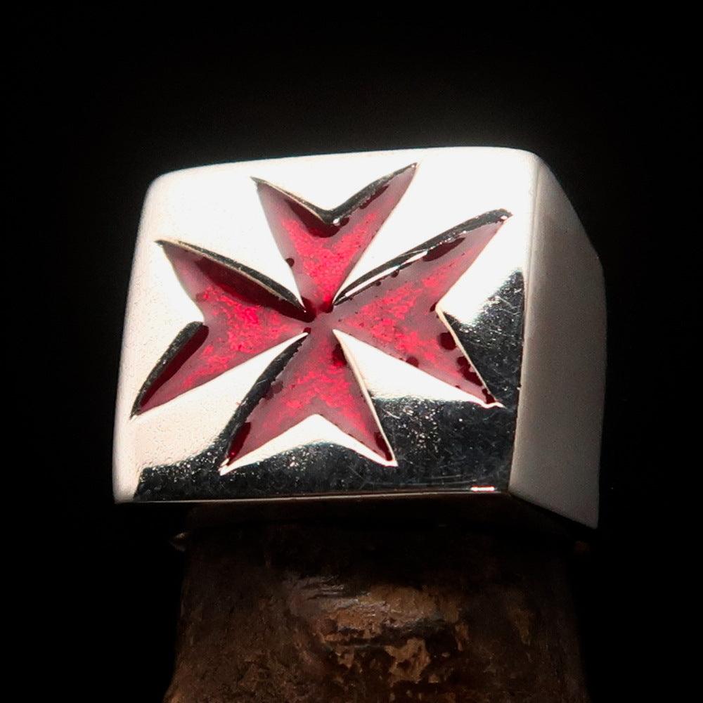 Men's Knight Ring featuring a Maltese Cross design in solid sterling silver with red enamel finish.