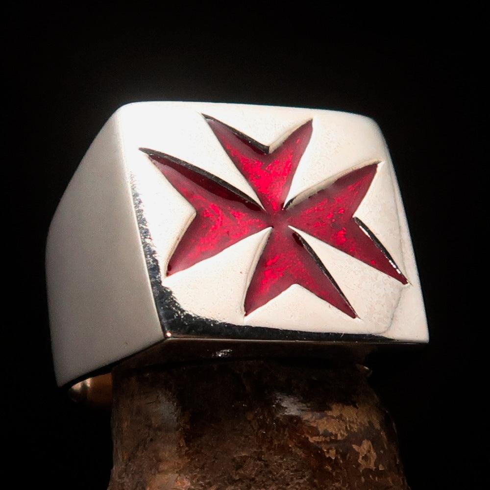 Men's Knight Ring featuring a Maltese Cross design in solid sterling silver with red enamel finish.