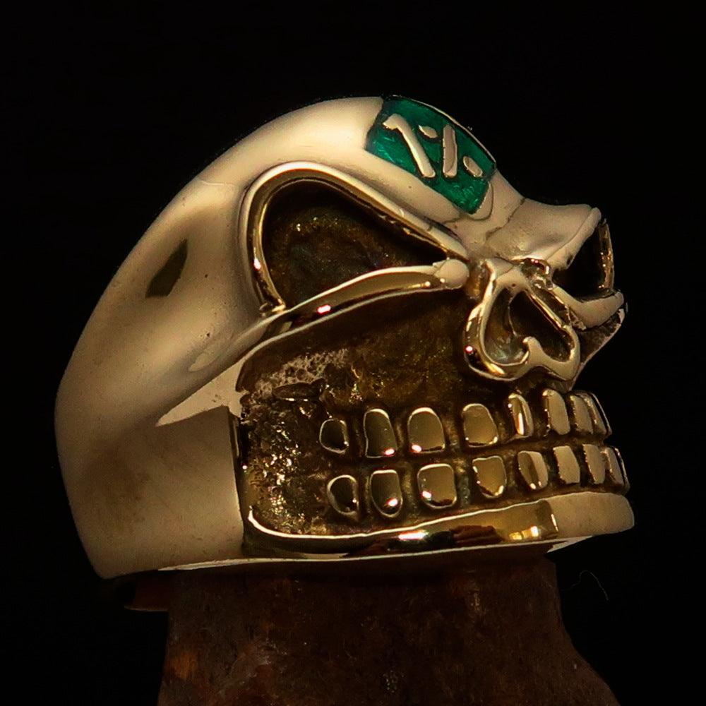 Men's Outlaw Gnome Skull Ring made of solid brass with green enamel finish, showcasing a unique gnome skull design.