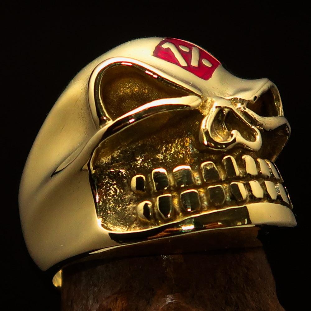 Nicely Crafted Men's Outlaw Gnome Skull Ring made of solid brass with red enamel accents, showcasing a unique gnome skull design.