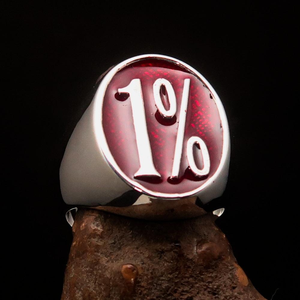 Men's Outlaw Ring made of sterling silver featuring a red enamel 1% symbol, showcasing its polished finish and unique design.
