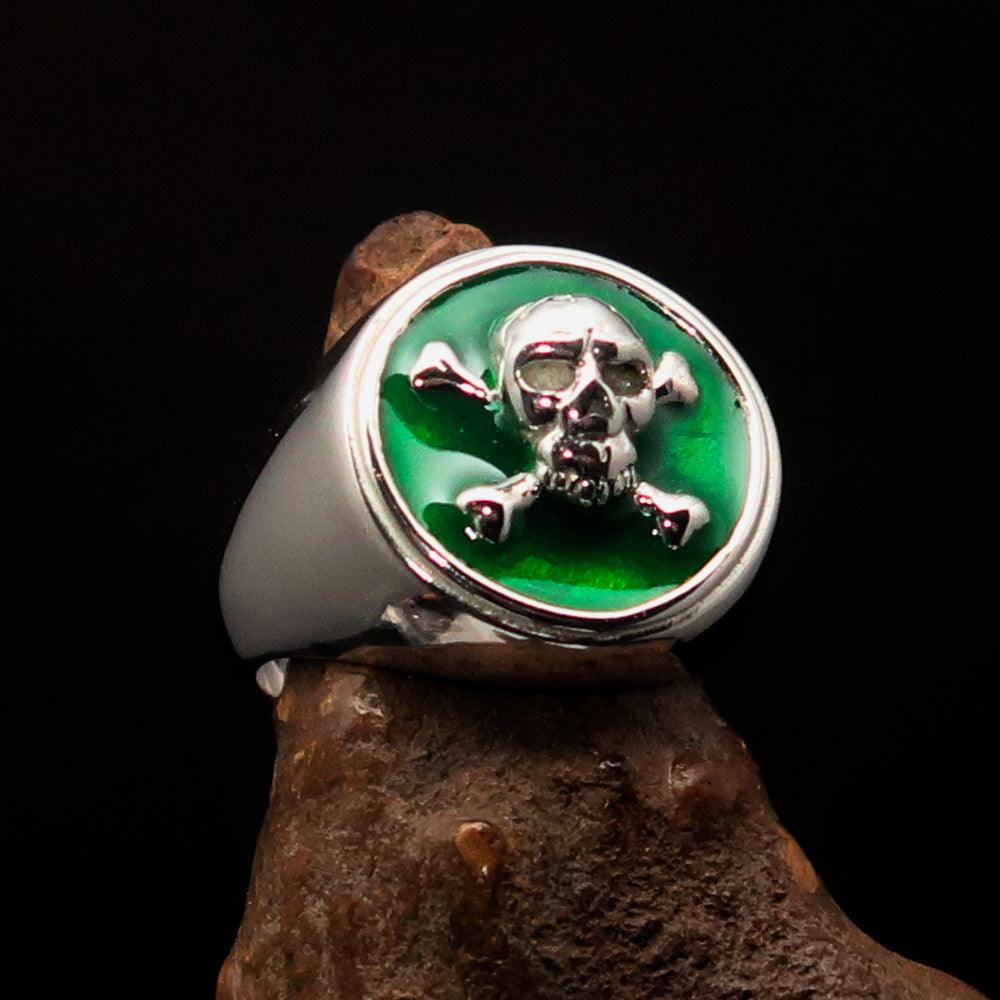 Men's Pirate Ring featuring a green Jolly Roger design with crossed bones and skull, crafted from solid sterling silver.