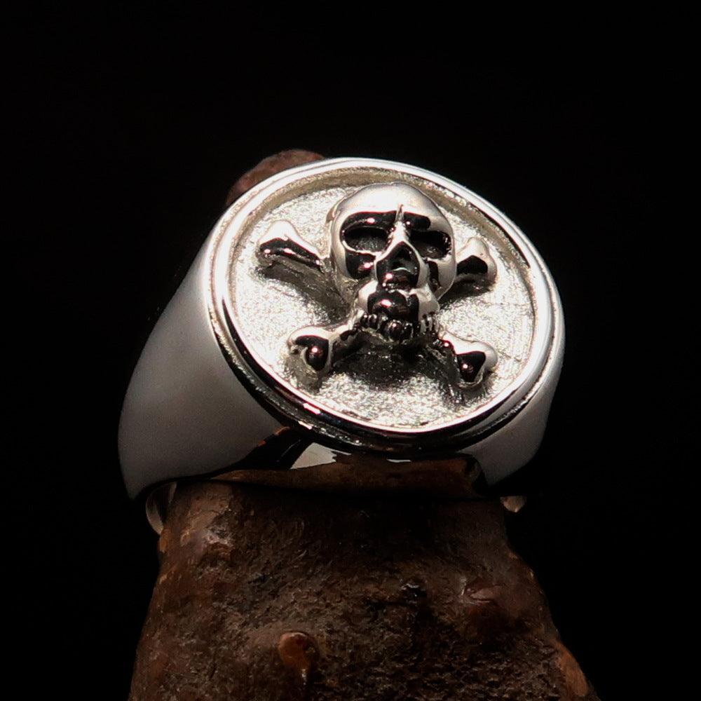Men's Pirate Ring featuring Jolly Roger design with crossed bones and skull, crafted from solid sterling silver with a polished and matte finish.