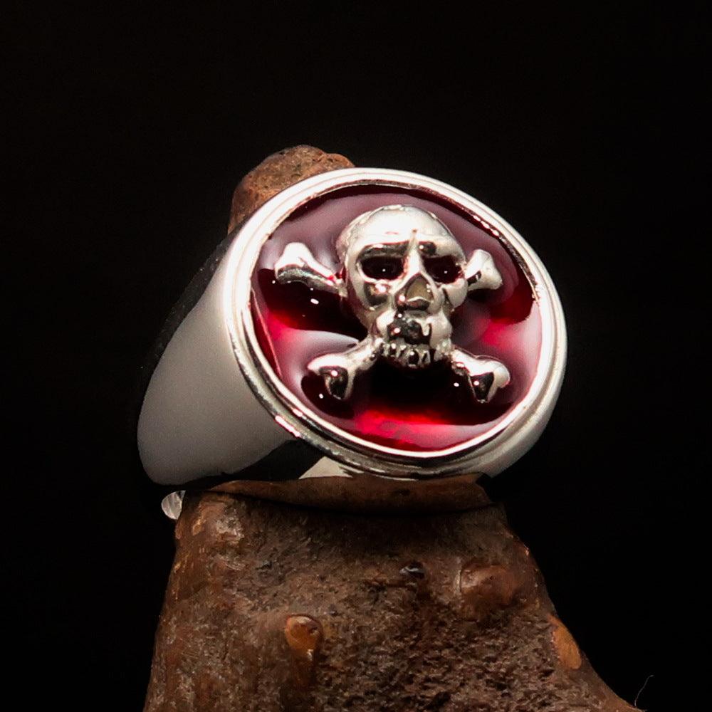 Men's Pirate Ring featuring a red Jolly Roger design with crossed bones and skull, crafted from solid sterling silver.
