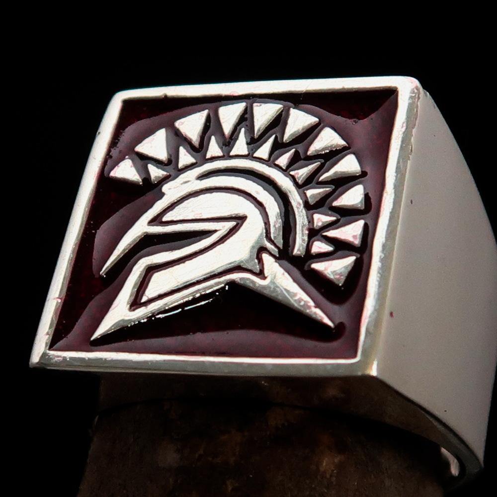 Men's Ring Red Greek Warrior made of sterling silver with high polish and red enamel accents, showcasing a unique design.