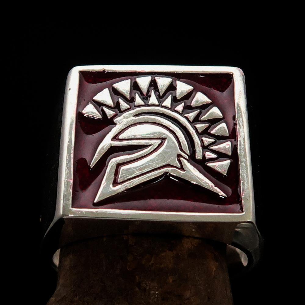 Men's Ring Red Greek Warrior made of sterling silver with high polish and red enamel accents, showcasing a unique design.