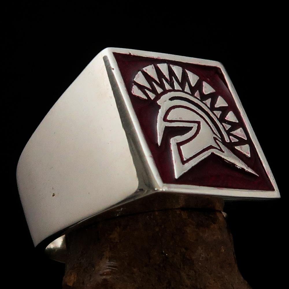 Men's Ring Red Greek Warrior made of sterling silver with high polish and red enamel accents, showcasing a unique design.