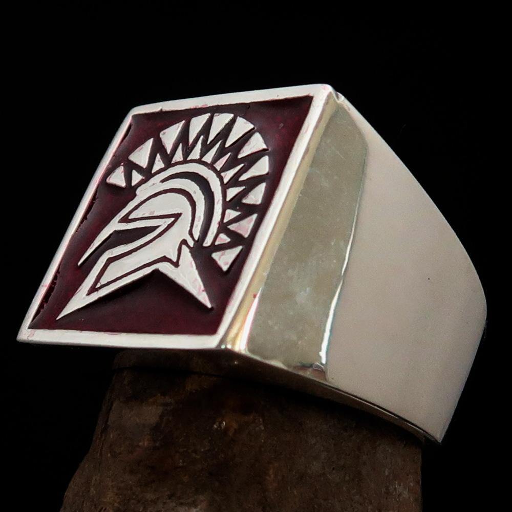 Men's Ring Red Greek Warrior made of sterling silver with high polish and red enamel accents, showcasing a unique design.