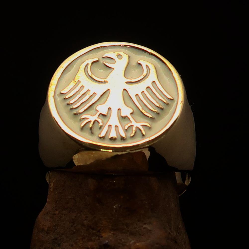 Men's Seal Ring featuring the German Eagle Coat of Arms, crafted from solid brass with a high polished white enamel finish.