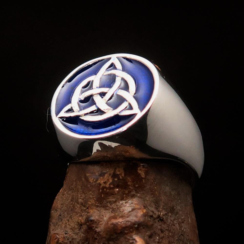 Men's Triquetra Ring in solid sterling silver with blue enamel, featuring a Celtic Triskelion Knot design.