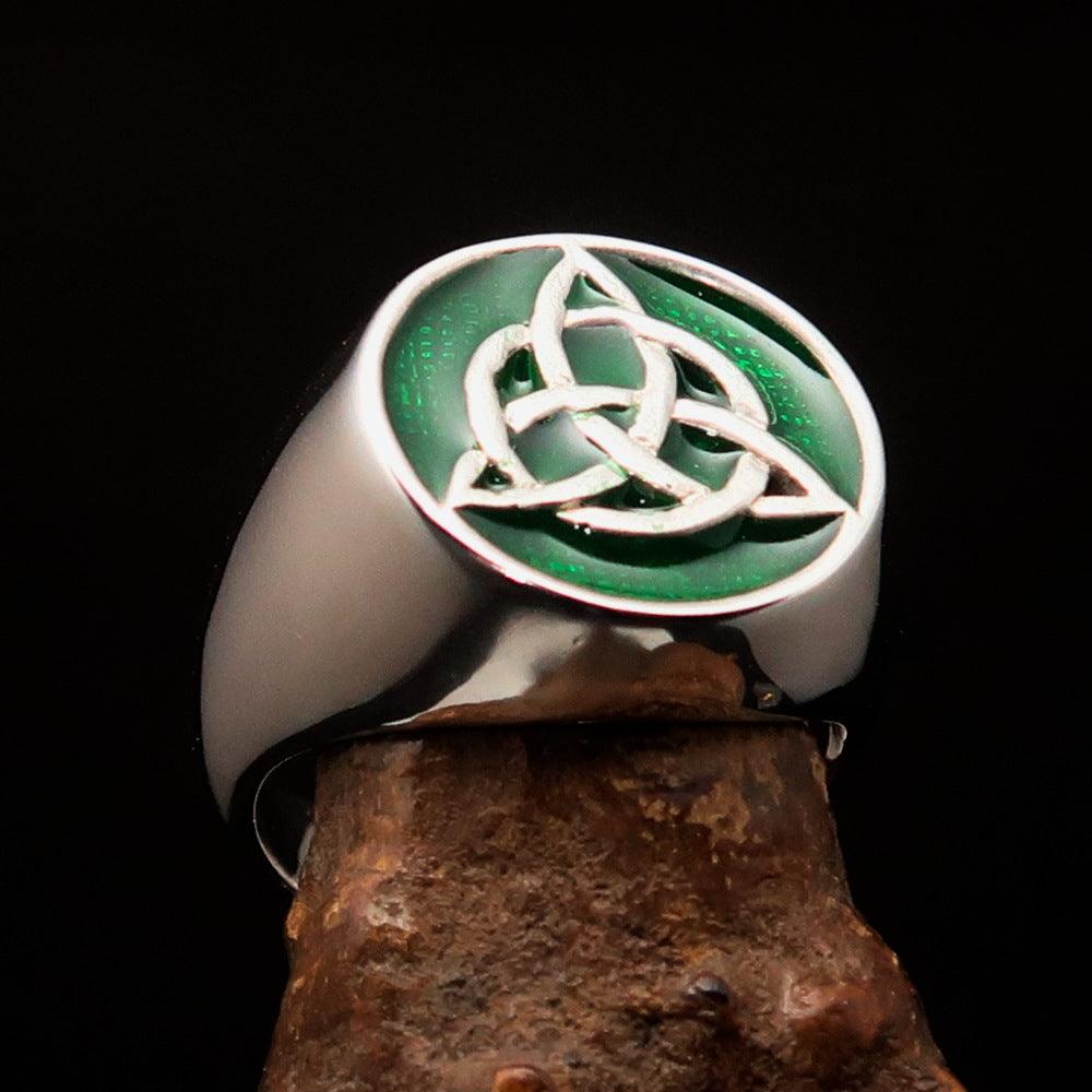 Men's Triquetra Ring in solid sterling silver with green enamel, featuring a Celtic Triskelion Knot design, hallmarked 925.