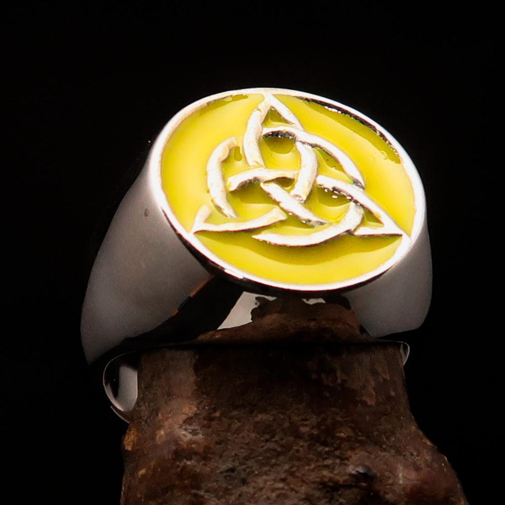 Men's Triquetra Ring featuring a yellow Celtic Triskelion Knot design, crafted from solid sterling silver with a high-polished finish and enamel.