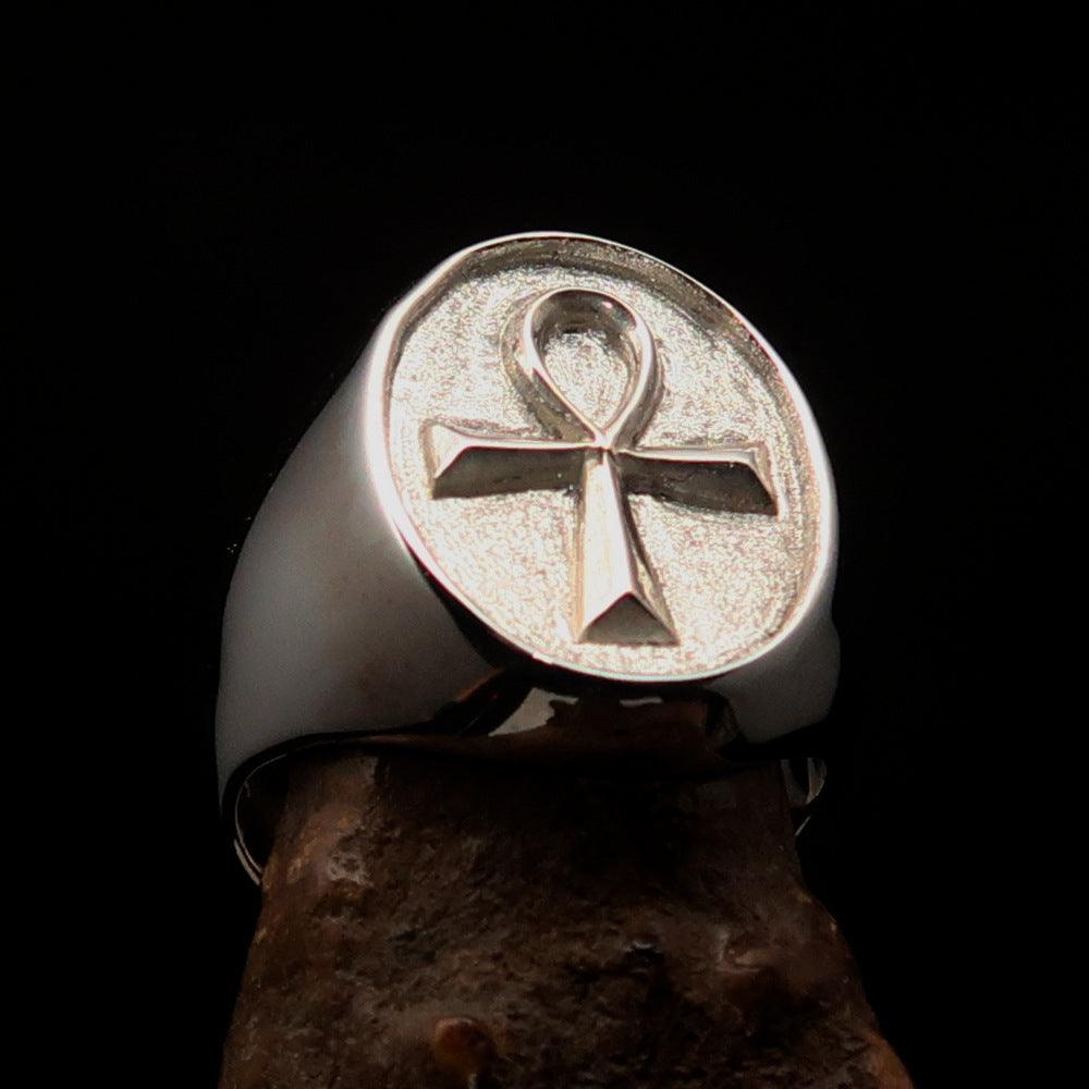 Oval shaped Egyptian Ankh Cross Men's Ring in two-tone sterling silver with polished and matte finish, showcasing its elegant design.