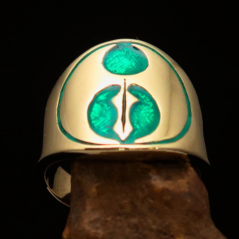 Men's green Labrys double Axe Pinky Ring made of solid brass with high polish and green enamel finish.