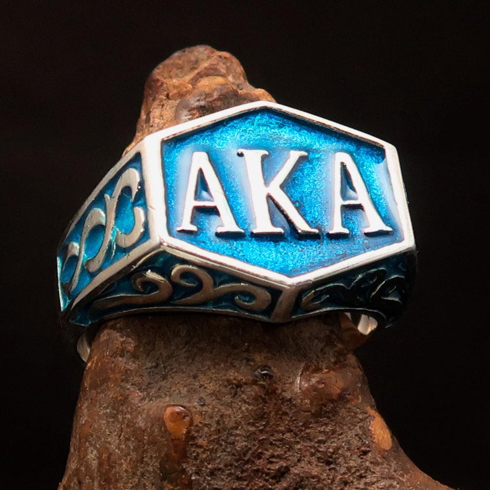 A beautifully crafted blue enamel men's ring made of solid sterling silver, featuring a high polished finish and hallmarked 925 for authenticity.