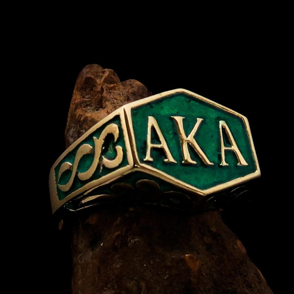 Perfectly crafted green enamel men's ring made of solid brass with a high polish finish, showcasing its elegant design and solid back.