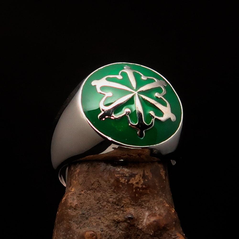 Men's green Unity Ring made of high polished Sterling Silver with enamel finish, showcasing a domed design.