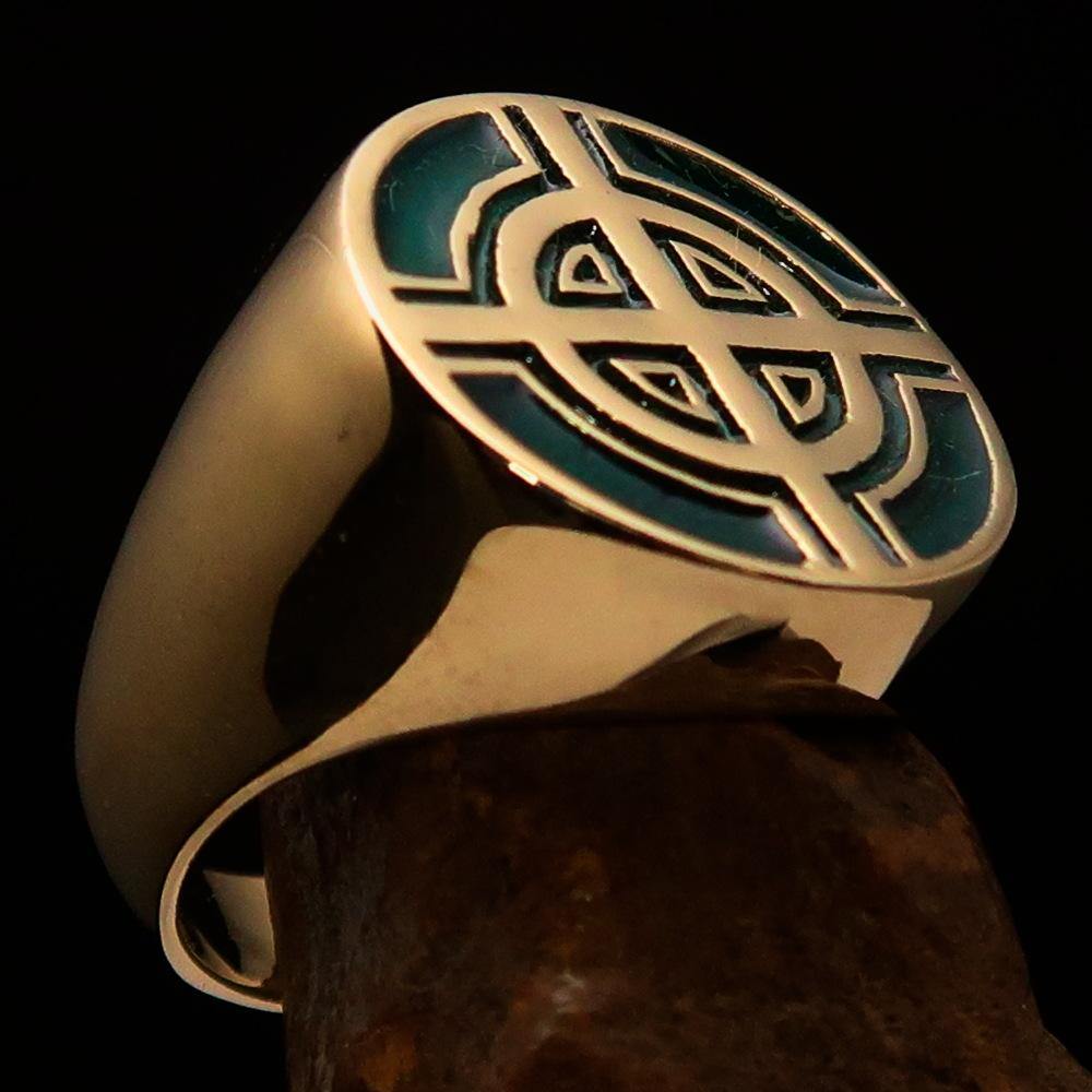 Men's Biker Ring featuring a Celtic Cross design in solid brass with high polish and green enamel accents.