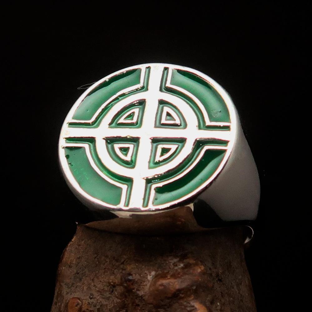 Men's Biker Ring featuring a Celtic Cross design with green enamel, crafted from solid sterling silver, hallmarked 925.