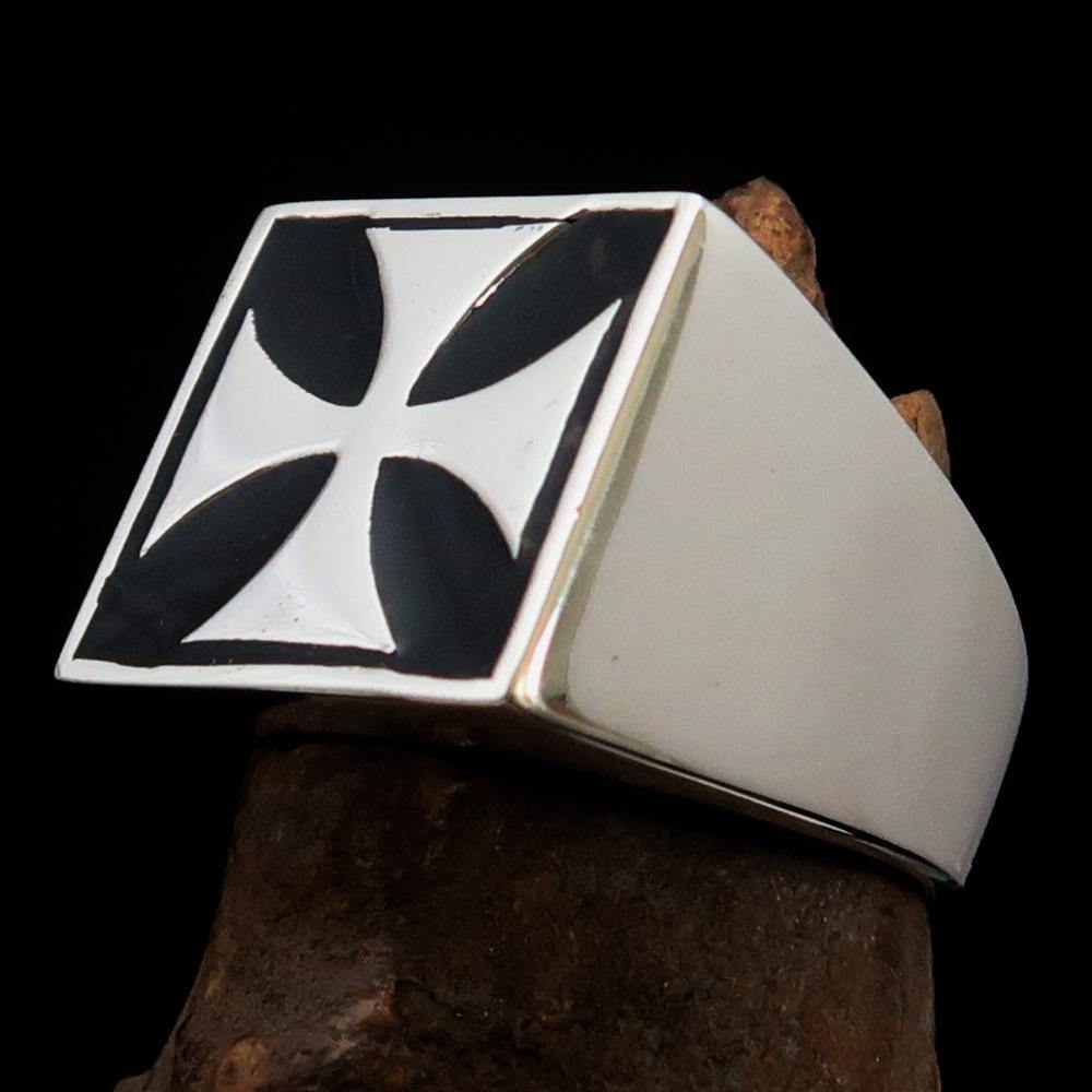 Men's Biker Ring featuring an Iron Cross design, crafted from high-polished sterling silver with black enamel accents.