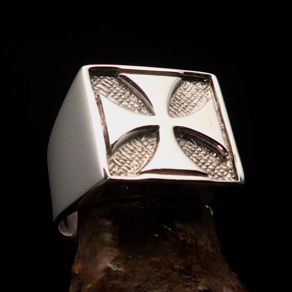 Men's Biker Ring Iron Cross in two-tone sterling silver with high polish and matte finish, showcasing its unique design and quality.