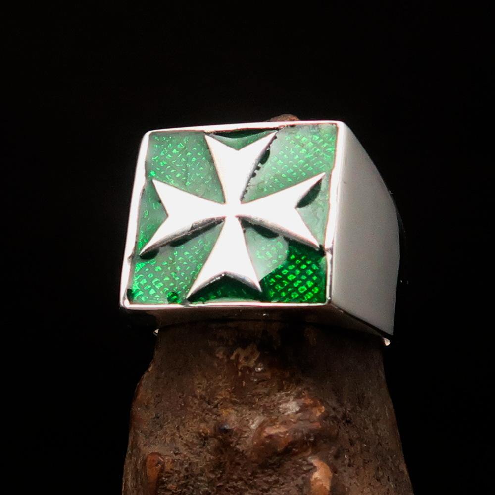 Men's Biker Ring featuring a Maltese Cross design with green enamel, crafted from solid sterling silver, showcasing a high-polished finish.