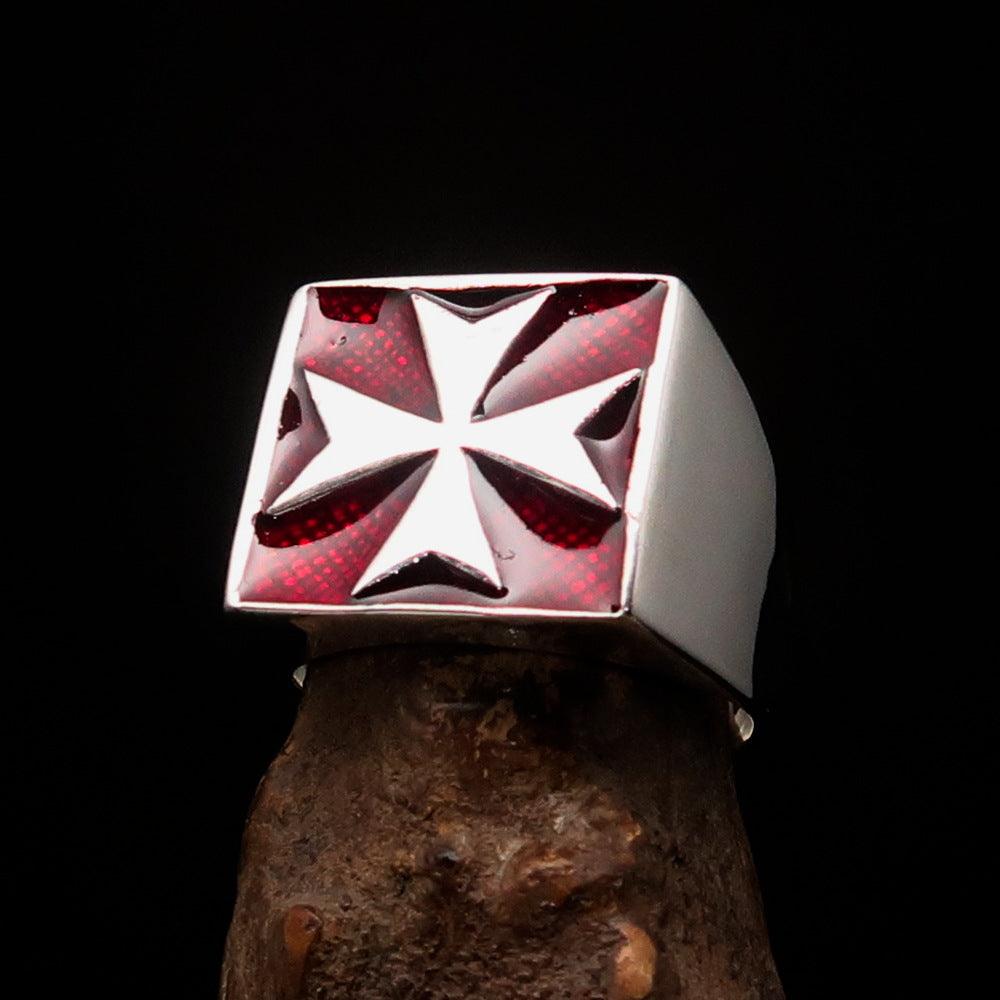 Men's Biker Ring featuring a Maltese Cross design in sterling silver with red enamel, showcasing its polished finish and detailed craftsmanship.
