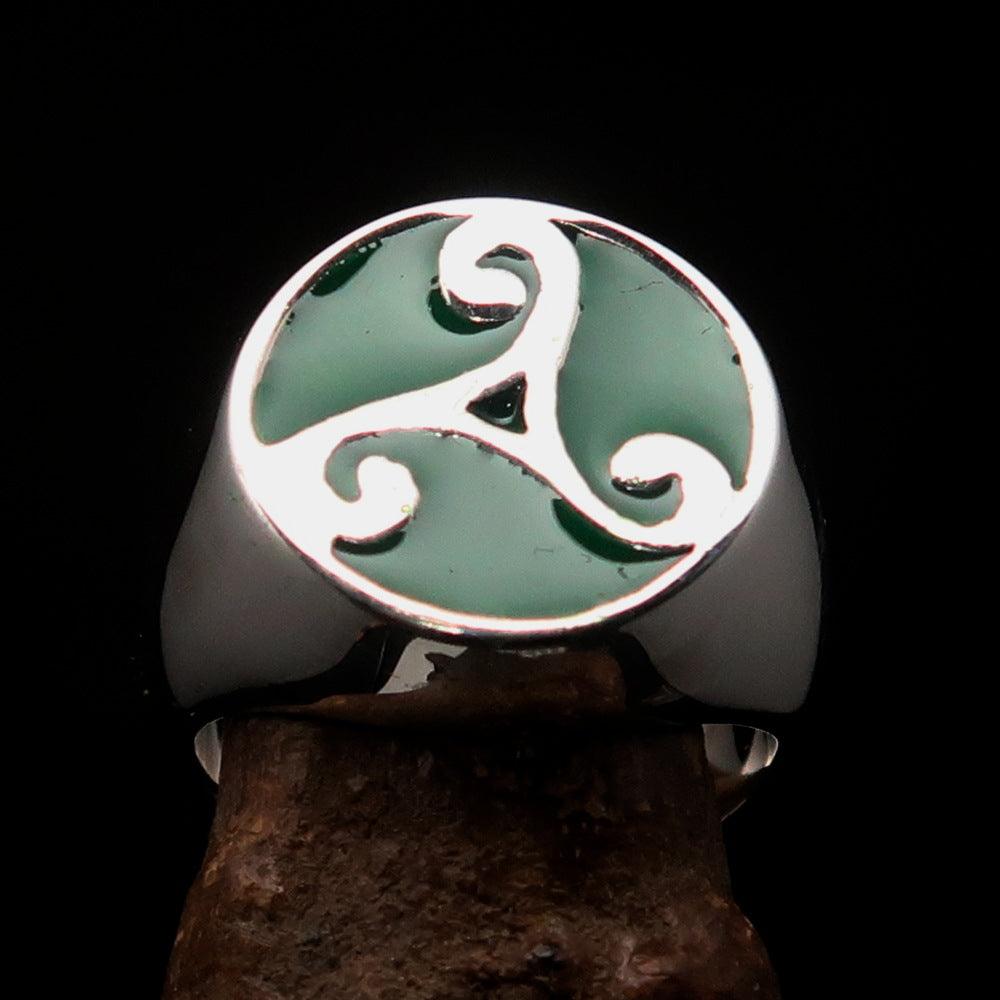 Men's Celtic Triade Ring in sterling silver with green enamel Triskele design, showcasing intricate craftsmanship and high polish finish.