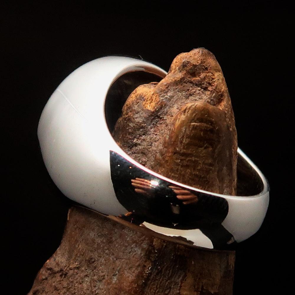 Men's Celtic Triade Ring in sterling silver with green enamel Triskele design, showcasing intricate craftsmanship and high polish finish.