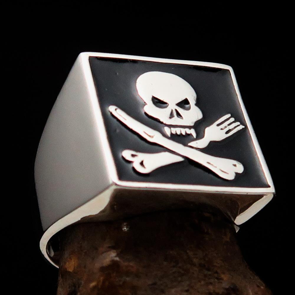 Men's Chef Skull Ring made of solid sterling silver with crossed fork and knife design, featuring a high polished finish and black enamel.