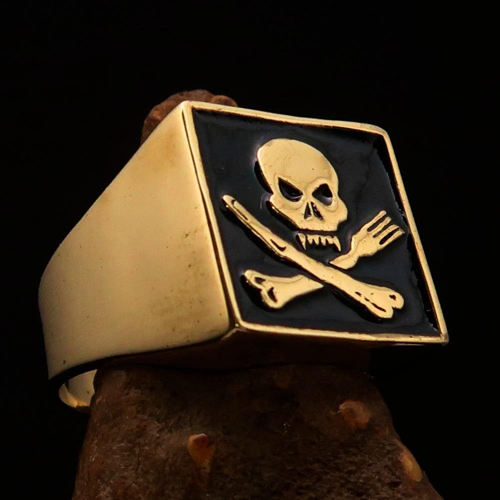 Men's Chef Skull Ring featuring crossed fork and knife design in solid brass with black enamel finish.