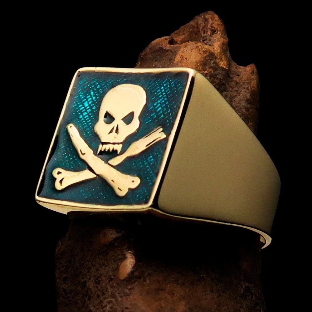 Men's Chef Skull Ring featuring crossed fork and knife design with blue enamel finish, crafted from solid brass.