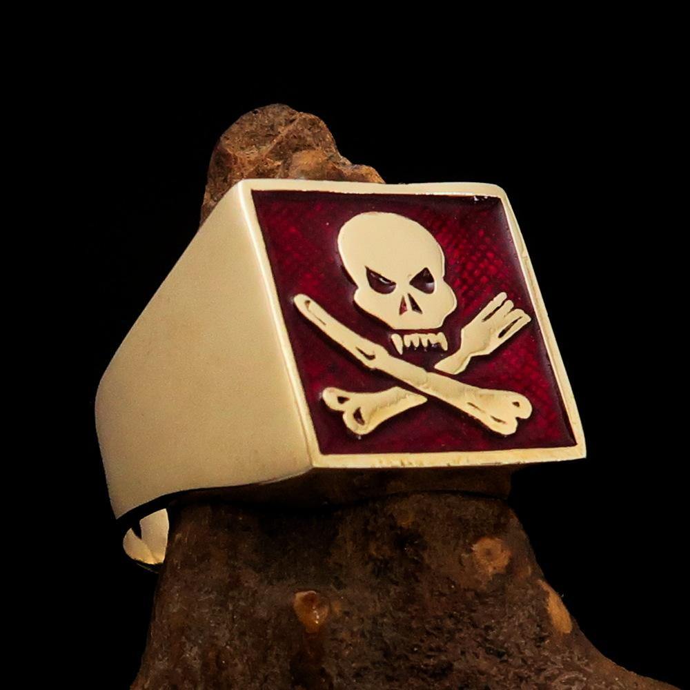 Men's Chef Skull Ring featuring crossed fork and knife design with red enamel finish, crafted from solid brass.