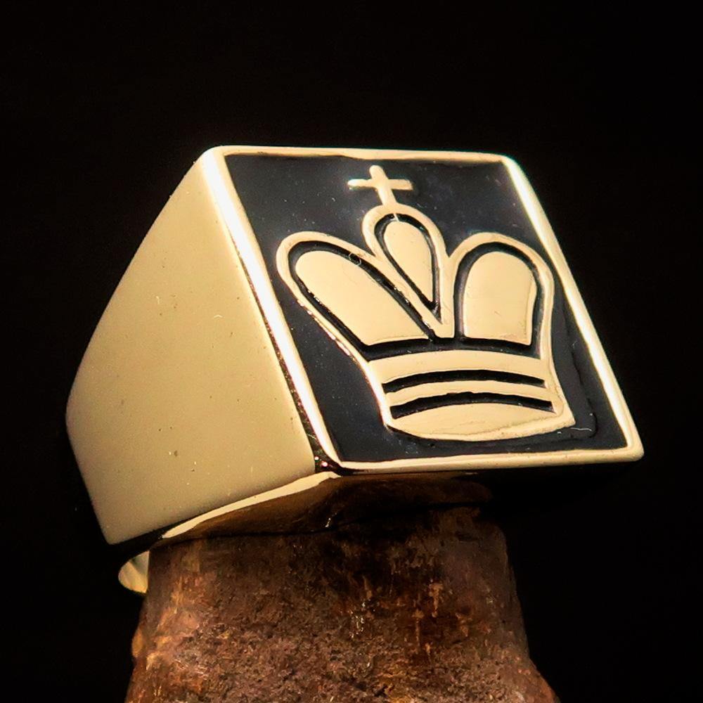 Men's Chess Player Ring featuring a black King's Crown design, crafted from solid brass with a high-polished finish and black enamel.