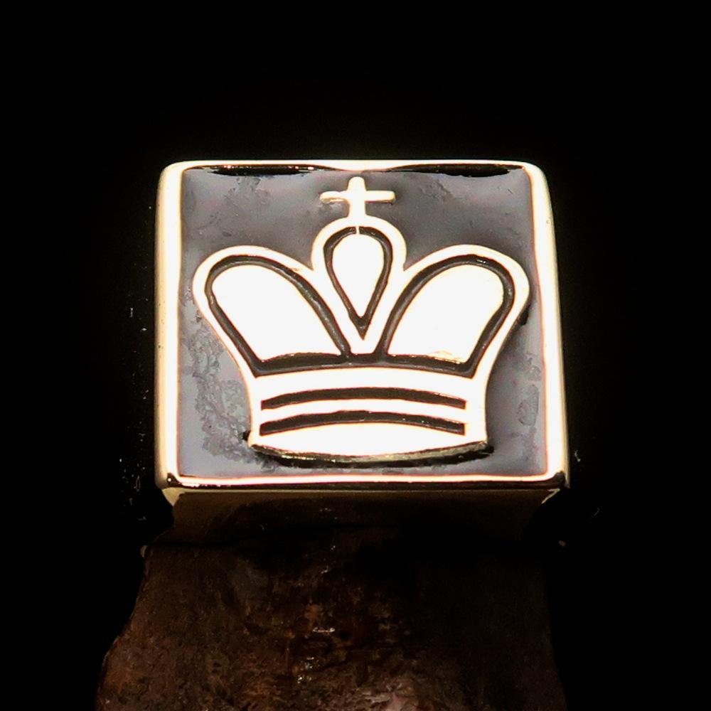 Men's Chess Player Ring featuring a black King's Crown design, crafted from solid brass with a high-polished finish and black enamel.