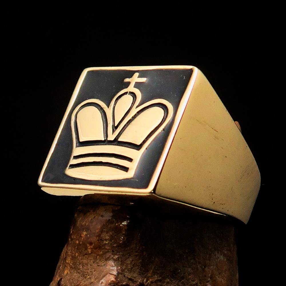 Men's Chess Player Ring featuring a black King's Crown design, crafted from solid brass with a high-polished finish and black enamel.