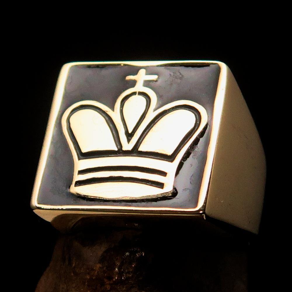 Men's Chess Player Ring featuring a black King's Crown design, crafted from solid brass with a high-polished finish and black enamel.