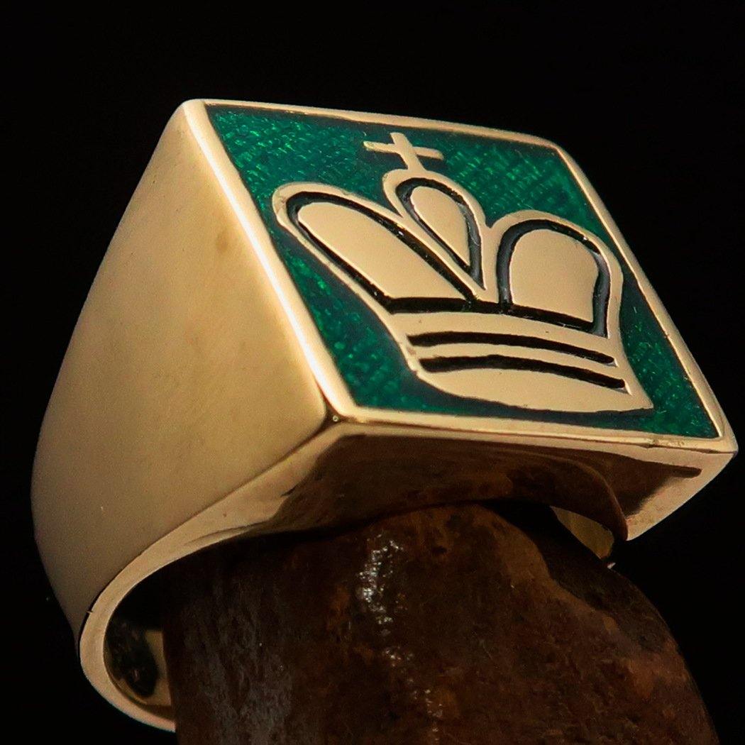 Men's Chess Player Ring featuring a green King's Crown, crafted from solid brass with a high-polished finish and green enamel.