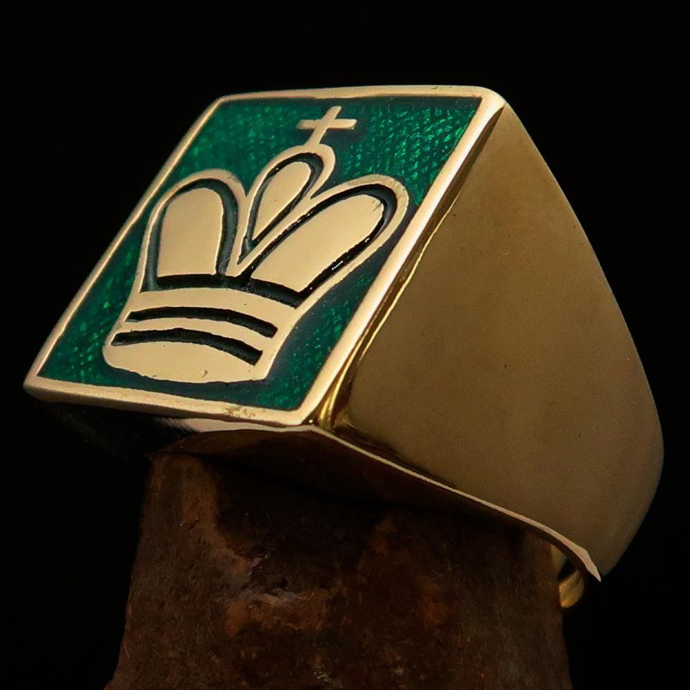Men's Chess Player Ring featuring a green King's Crown, crafted from solid brass with a high-polished finish and green enamel.