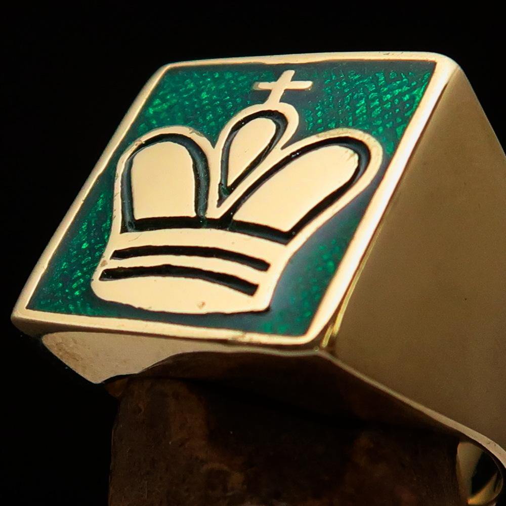 Men's Chess Player Ring featuring a green King's Crown, crafted from solid brass with a high-polished finish and green enamel.