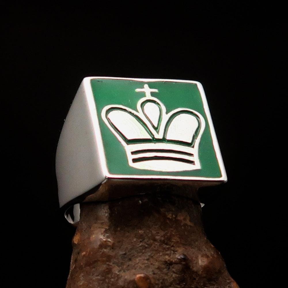 Men's Chess Player Ring King's Crown in sterling silver with green enamel, showcasing a polished finish and intricate design.