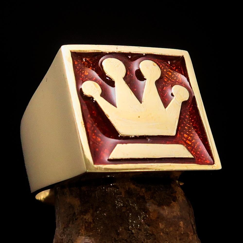 Men's Chess Player Ring featuring a Queen's Crown design with orange enamel, crafted from solid brass.