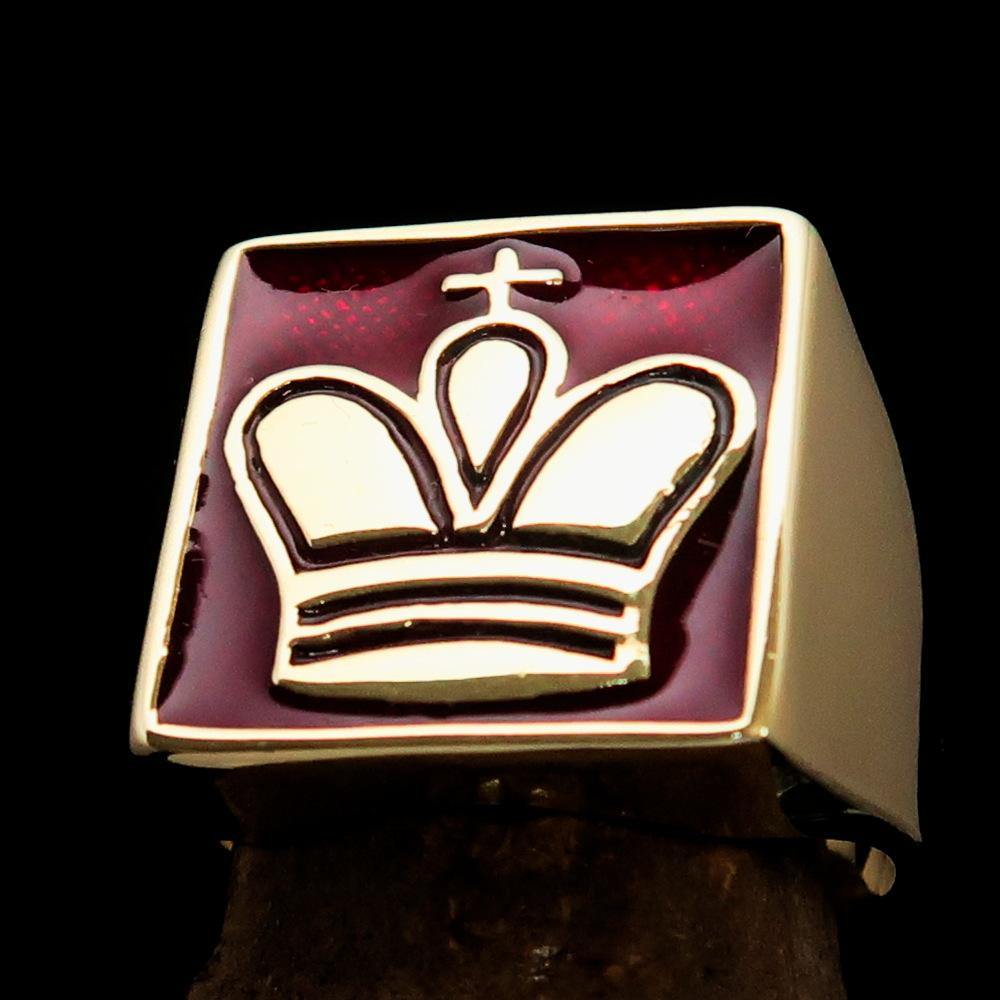 Men's Chess Player Ring featuring a Red King's Crown, crafted from solid brass with a high polished finish and red enamel.