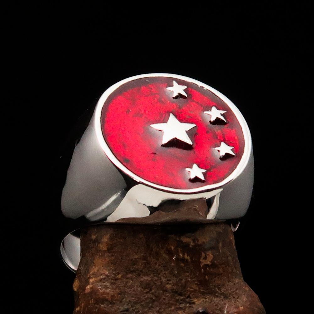 Men's Chinese Flag Ring made of solid sterling silver with high polish and red enamel, showcasing cultural pride and craftsmanship.