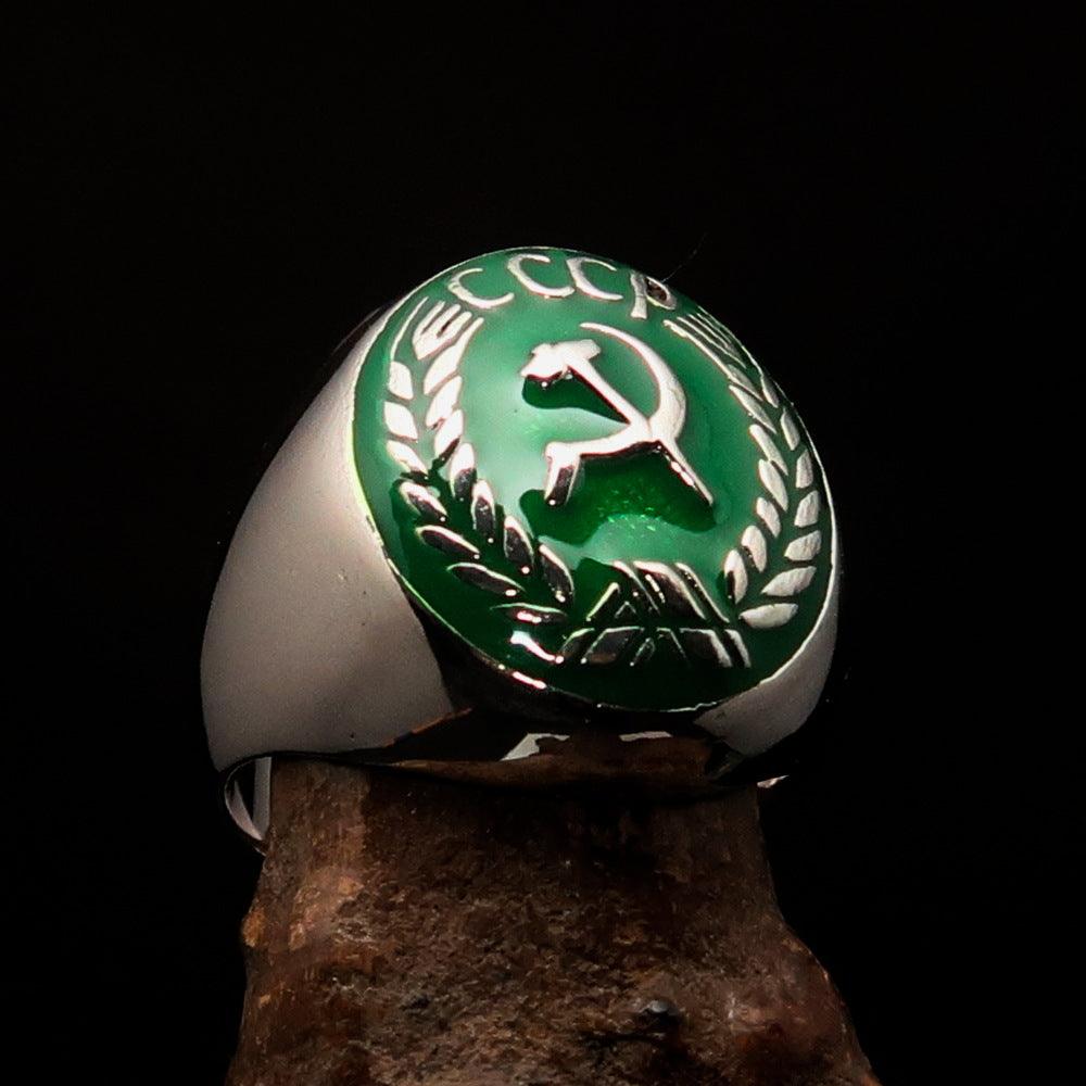 Men's Communist Ring made of solid sterling silver with a green Hammer and Sickle Crest, showcasing high polish and detailed craftsmanship.