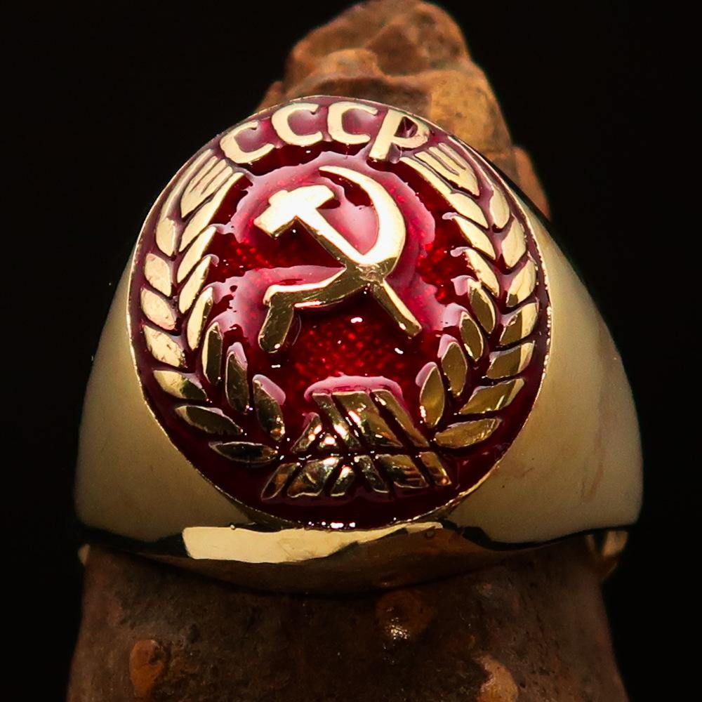 Men's Communist Ring featuring Hammer and Sickle Crest in solid brass with polished red enamel finish.
