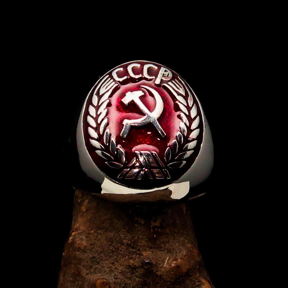 Men's Communist Ring featuring a red Hammer and Sickle Crest, crafted from solid sterling silver with a polished finish.