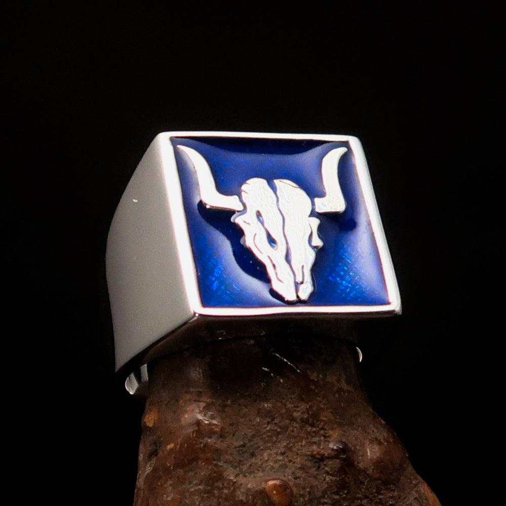 Men's Cowboy Ring featuring a blue Bull Skull design, crafted from solid Sterling Silver with a high polish finish.