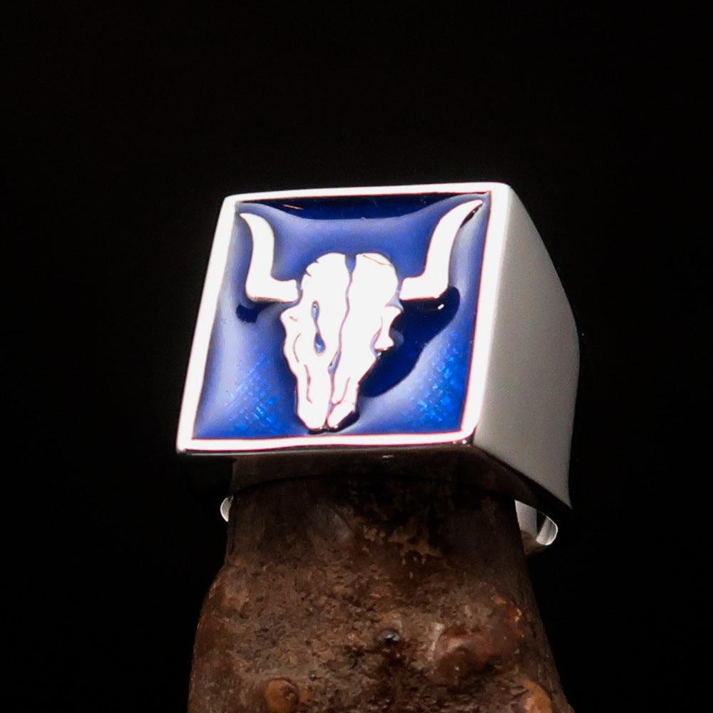 Men's Cowboy Ring featuring a blue Bull Skull design, crafted from solid Sterling Silver with a high polish finish.