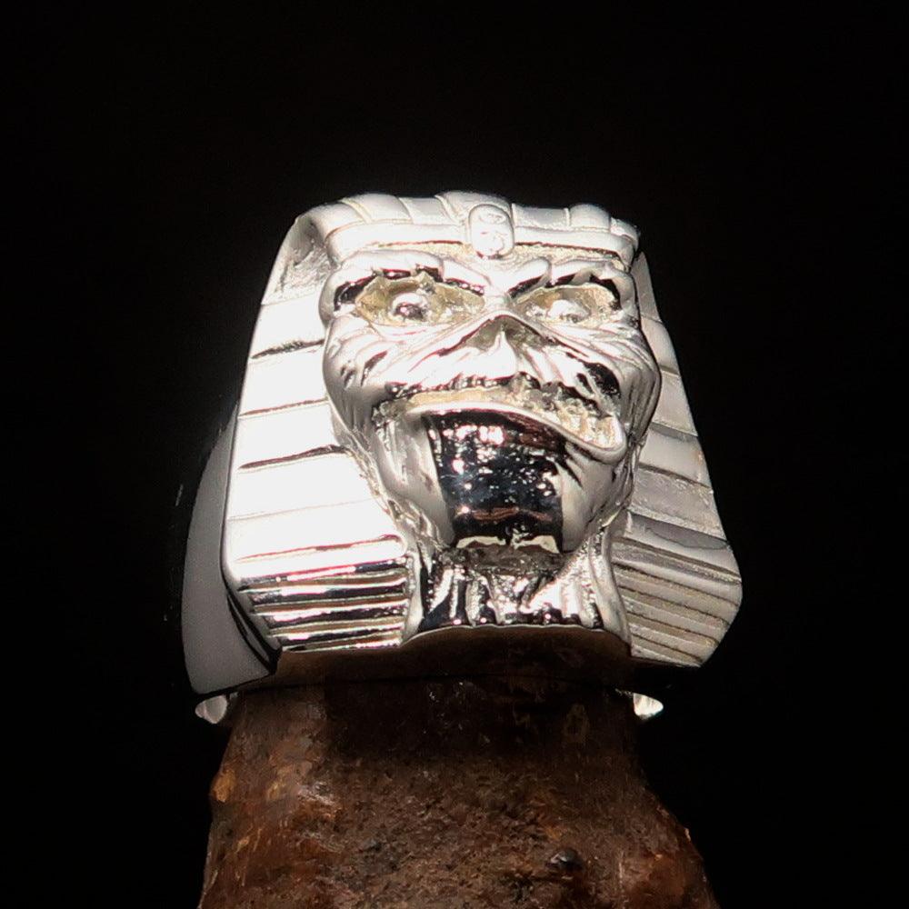 Men's Egyptian Pharaoh Sphinx Mummy Ring made of solid sterling silver with a high polished finish, showcasing intricate design and craftsmanship.